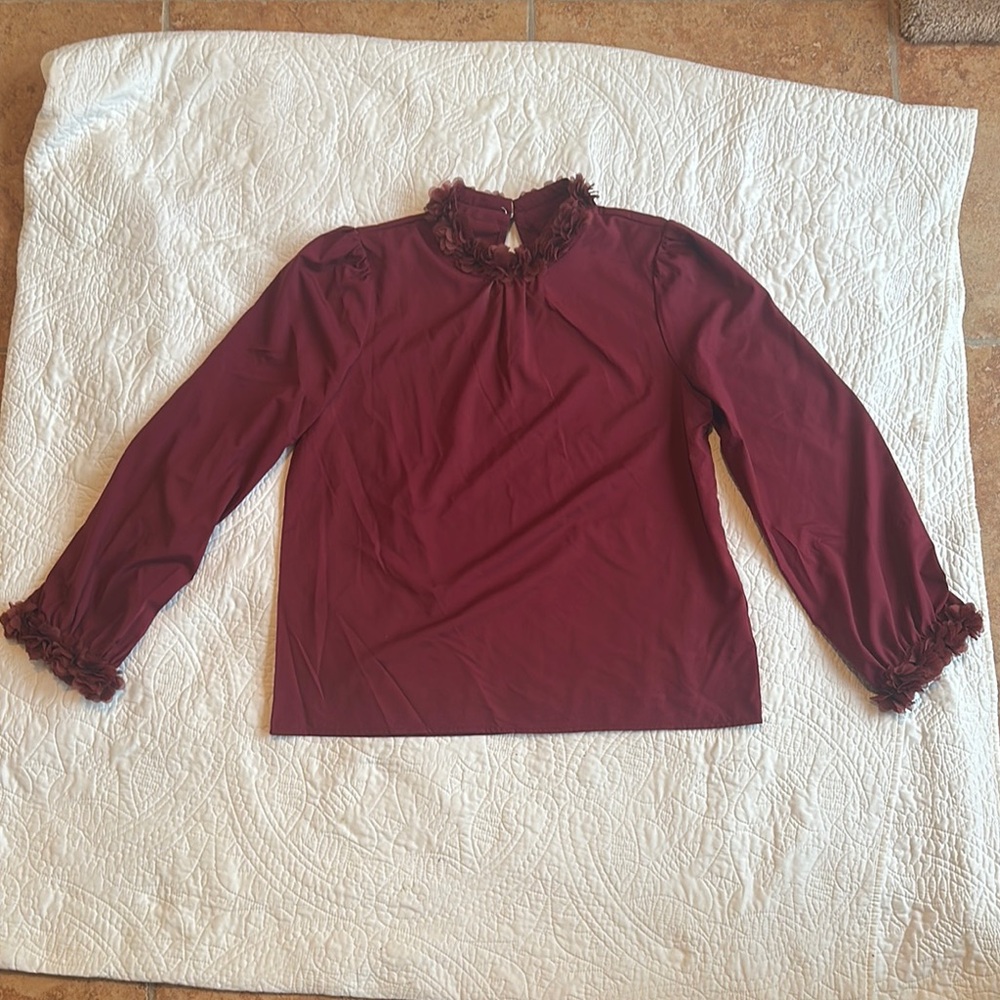 SHEIN Maroon Ruffled Long Sleeve Blouse Size:XL